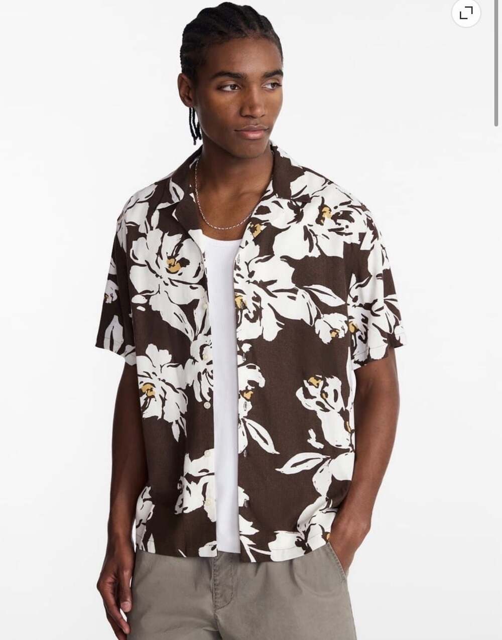 NWT Boxy Fit Linen Blend Patterned Resort Shirt in Brown Basket Floral Large